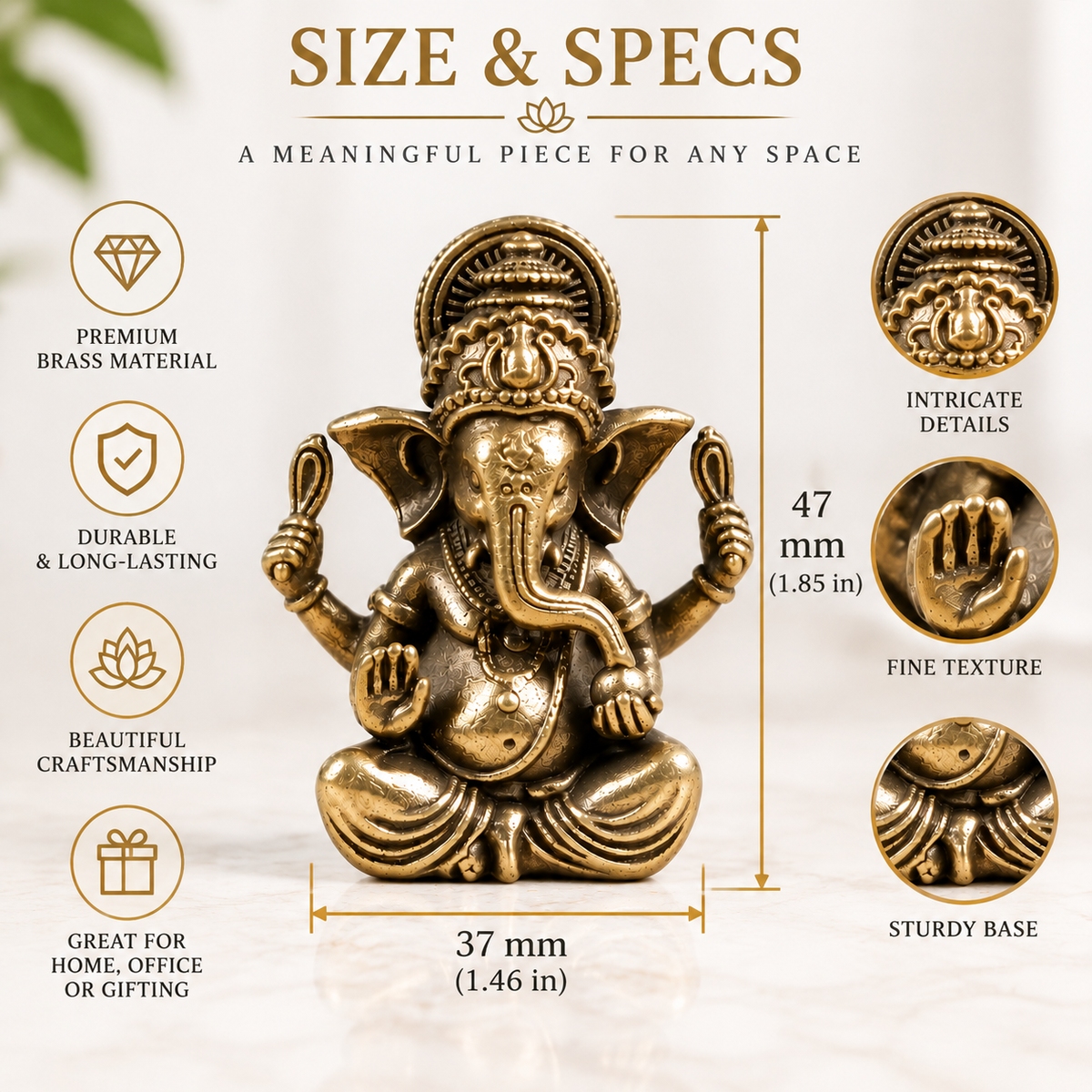 Brass Elephant Figurine Vintage Animal Statue Desk Decor Shelf Ornament Spiritual Gift Sculpture