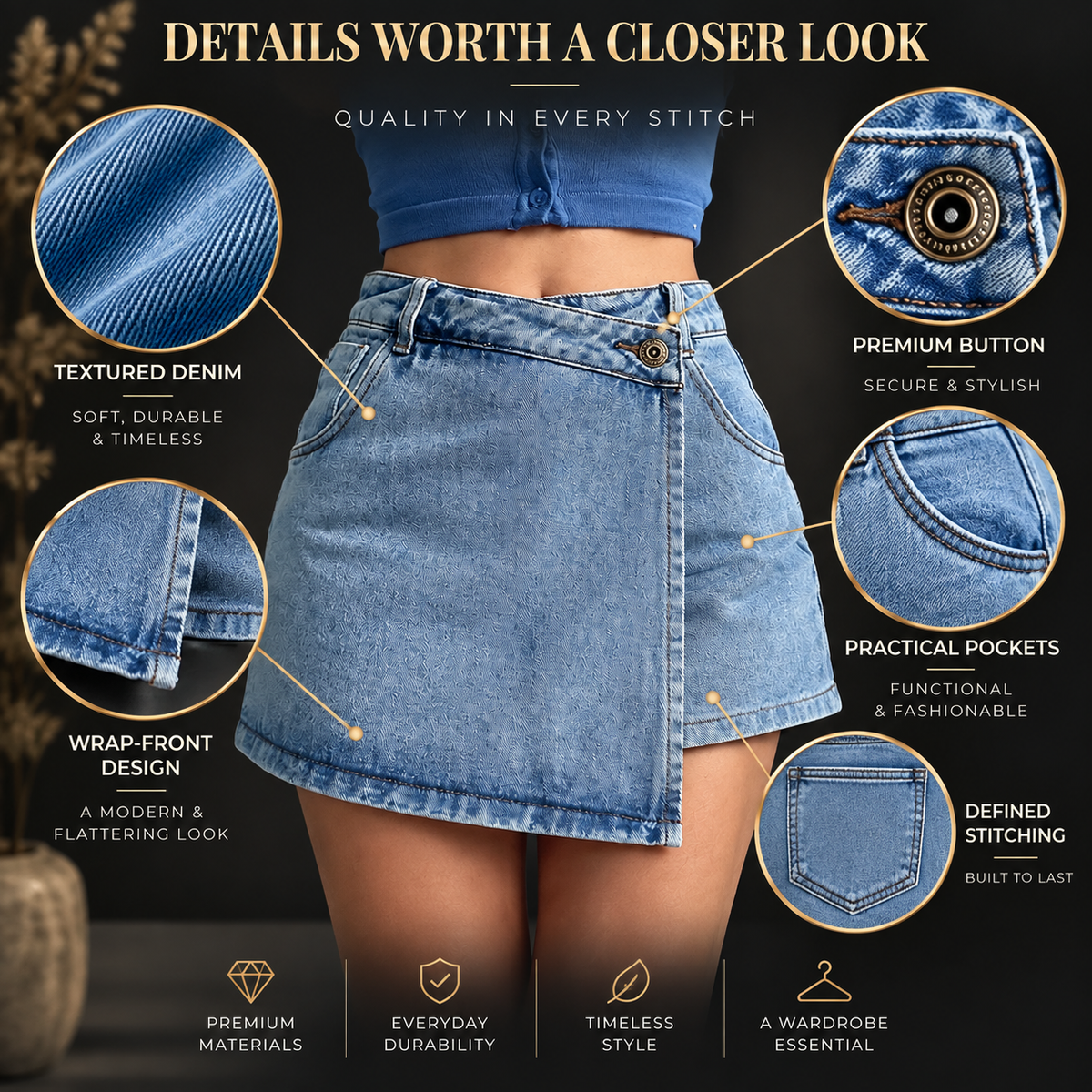 Women’s Denim Skort | High Waist Wrap Front Mini Skirt Shorts | Light Blue Casual Jean Skort | Asymmetric Everyday Bottoms