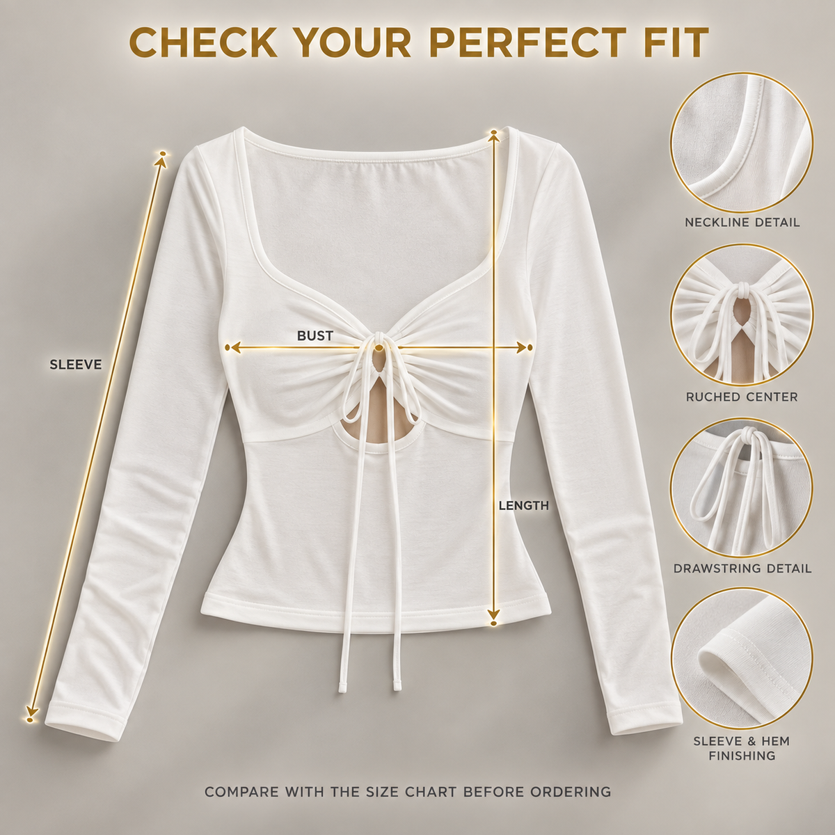 Women’s V Neck Drawstring Long Sleeve Top, Slim Fit Ruched Cutout Shirt, Solid Casual Date Night Going Out Top