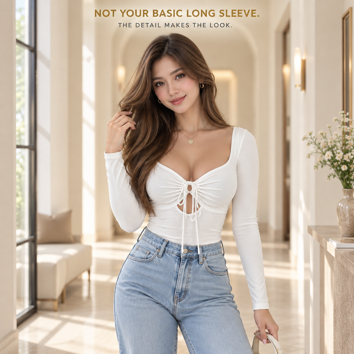 Women’s V Neck Drawstring Long Sleeve Top, Slim Fit Ruched Cutout Shirt, Solid Casual Date Night Going Out Top