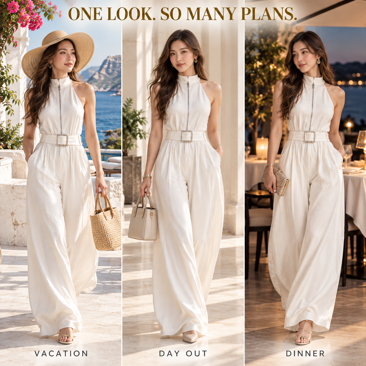 White Wide Leg Jumpsuit for Women, Sleeveless High Neck Zip Front Belted Jumpsuit, Elegant Loose Fit Palazzo One Piece Outfit