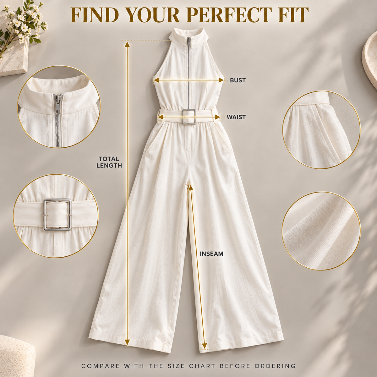 White Wide Leg Jumpsuit for Women, Sleeveless High Neck Zip Front Belted Jumpsuit, Elegant Loose Fit Palazzo One Piece Outfit