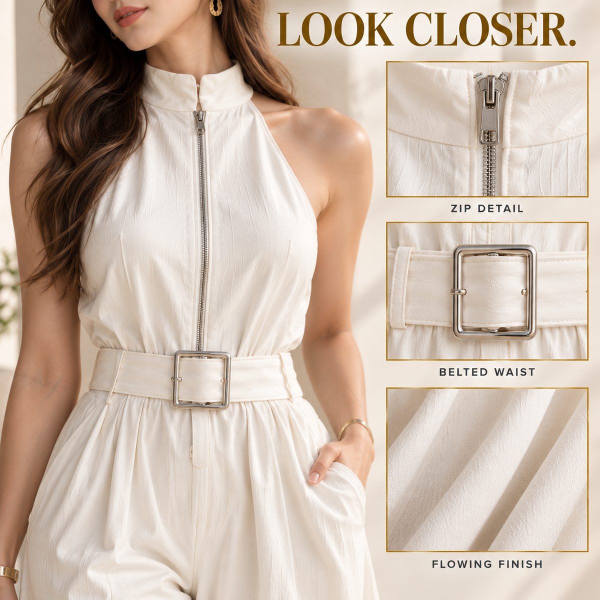 White Wide Leg Jumpsuit for Women, Sleeveless High Neck Zip Front Belted Jumpsuit, Elegant Loose Fit Palazzo One Piece Outfit