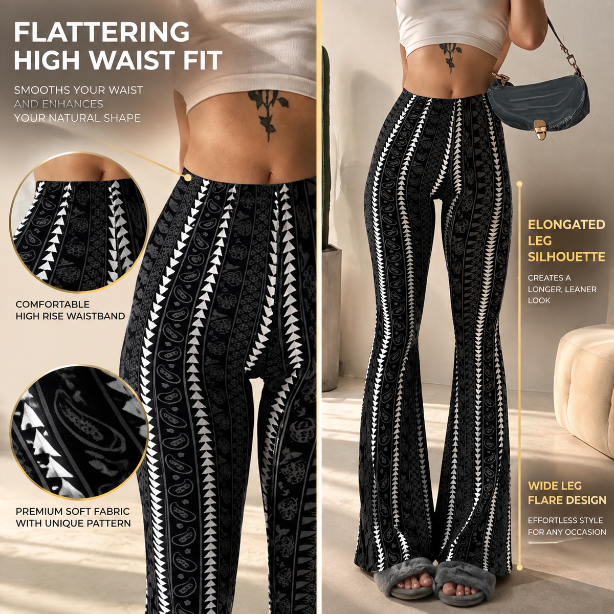 Patterned Wide Leg Pants For Women | High Waist Flared Pants | Statement Casual Trousers | Boho Inspired Outfit Pants