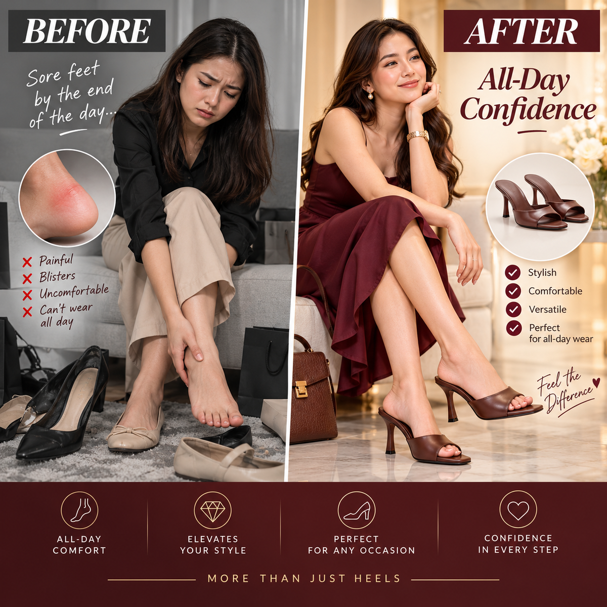 Women’s Burgundy Heeled Sandals – Open Toe Mule Heels, Cushioned Insole, Non-Slip Sole, Comfortable PU Leather Slides