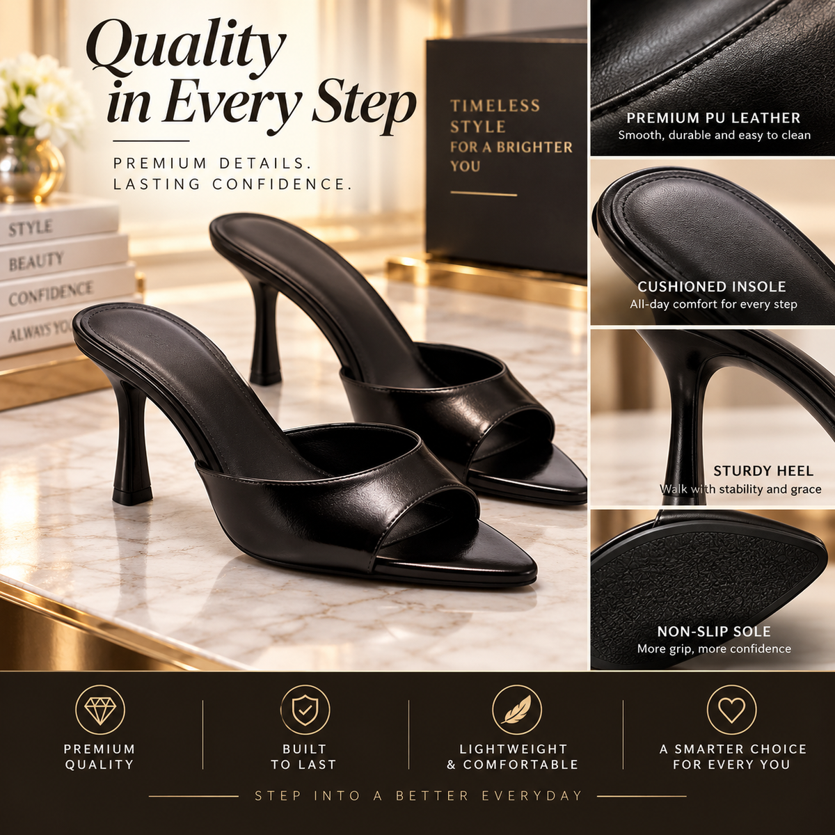 Women’s Burgundy Heeled Sandals – Open Toe Mule Heels, Cushioned Insole, Non-Slip Sole, Comfortable PU Leather Slides