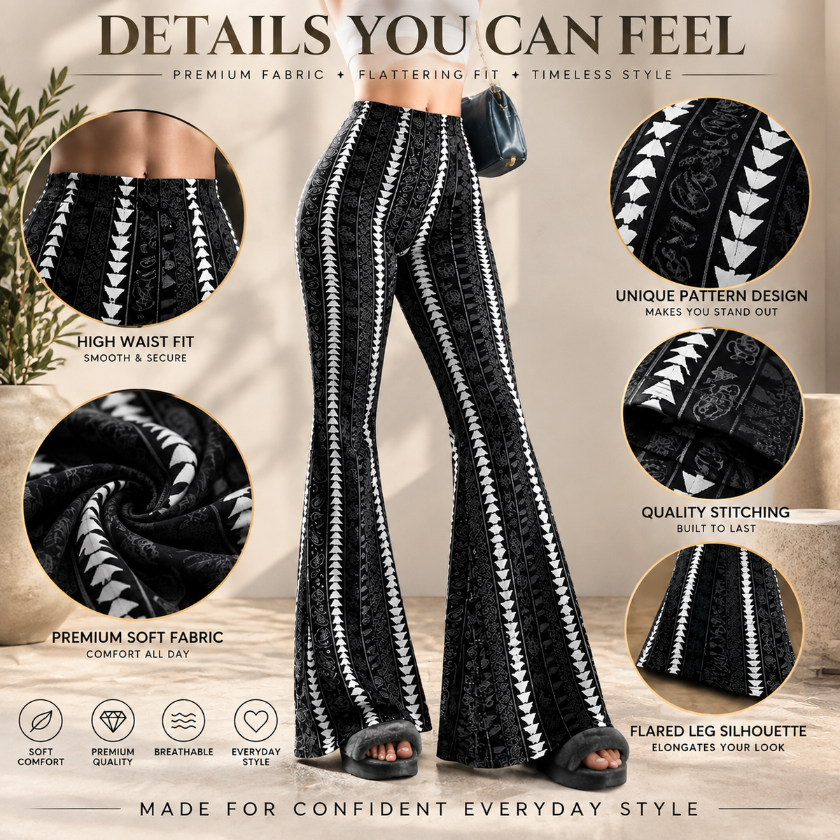 Patterned Wide Leg Pants For Women | High Waist Flared Pants | Statement Casual Trousers | Boho Inspired Outfit Pants