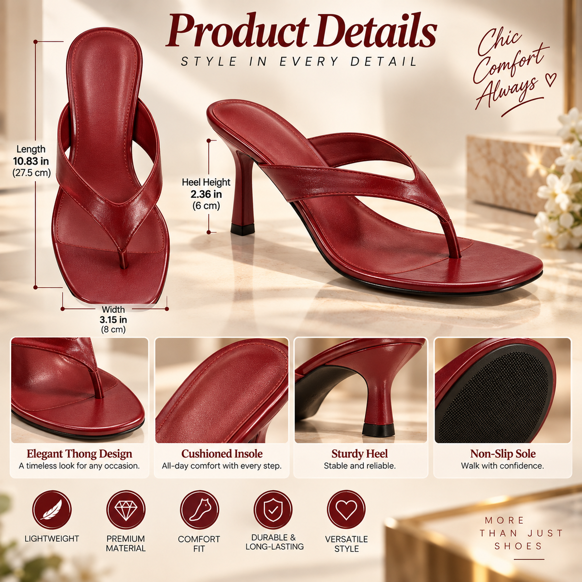 Women’s Leather Kitten Heel Thong Sandals – Cushioned Insole, Non-Slip Sole, Lightweight Comfort Slip-On Heels
