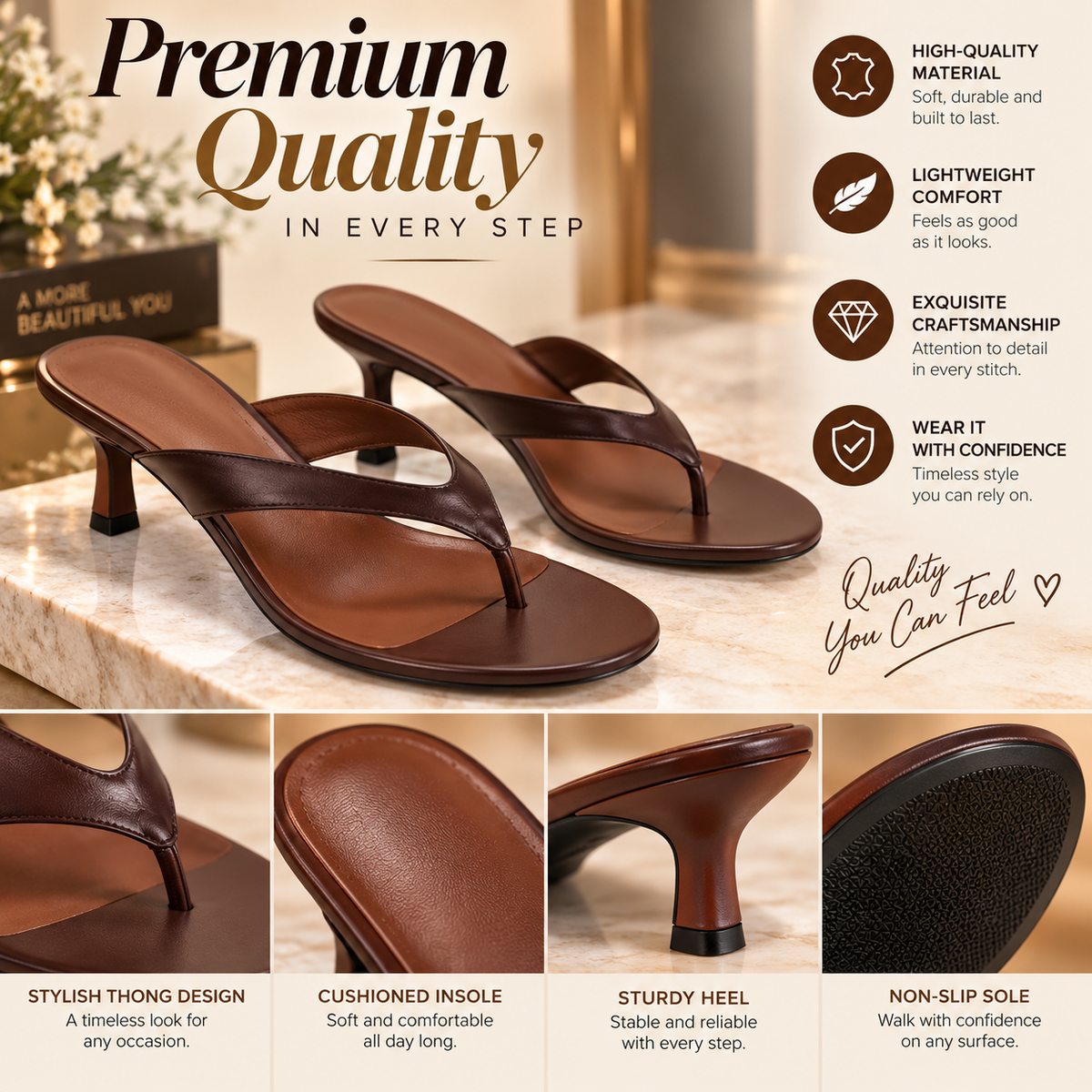 Women’s Leather Kitten Heel Thong Sandals – Cushioned Insole, Non-Slip Sole, Lightweight Comfort Slip-On Heels