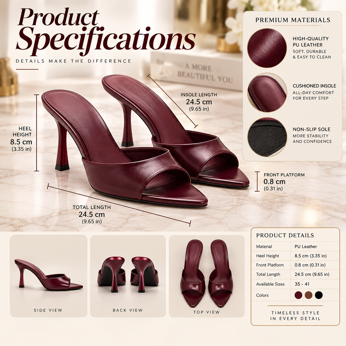 Women’s Burgundy Heeled Sandals – Open Toe Mule Heels, Cushioned Insole, Non-Slip Sole, Comfortable PU Leather Slides