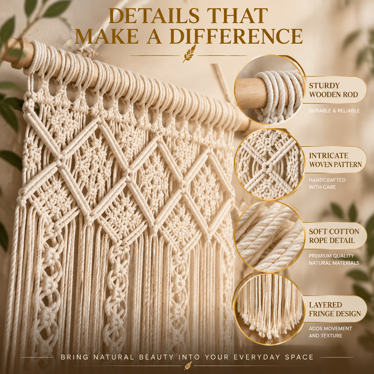 Macrame Door Curtain Tapestry | Boho Wall Hanging Backdrop | Handmade Woven Room Divider Decor | Bedroom Living Room Home Accent