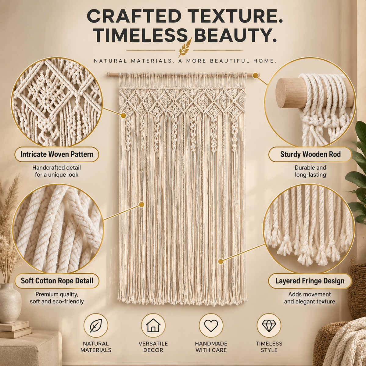 Macrame Door Curtain Tapestry | Boho Wall Hanging Backdrop | Handmade Woven Room Divider Decor | Bedroom Living Room Home Accent
