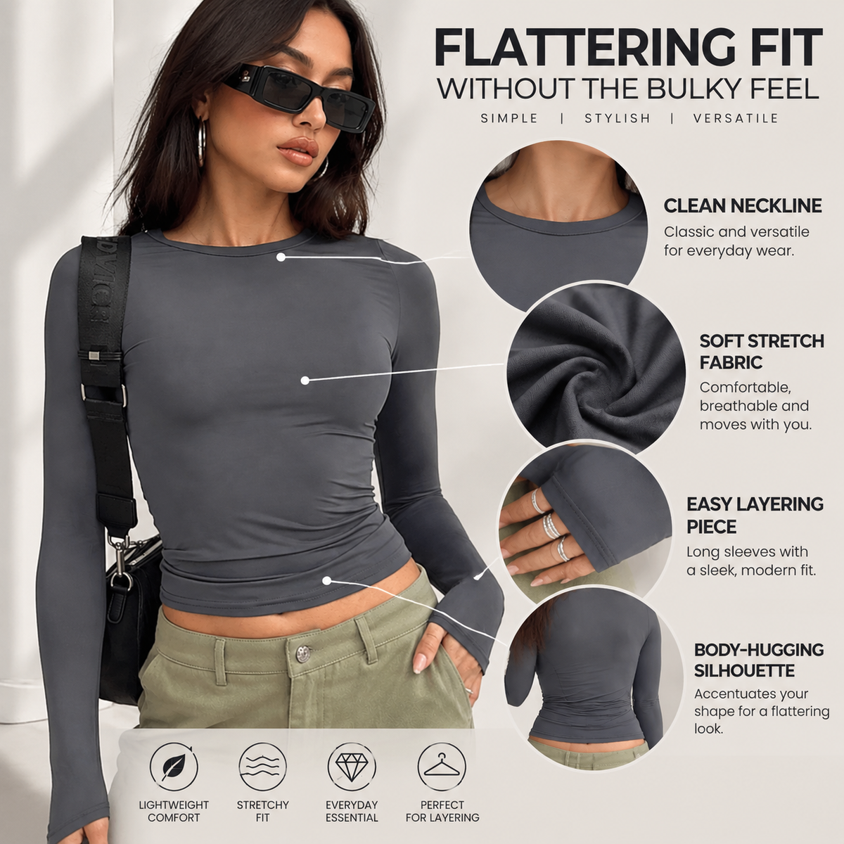 Women's Slim Fit Long Sleeve Top | Casual Stretch Basic Shirt | Minimalist Streetwear Layering Tee | Everyday Fitted Pullover
