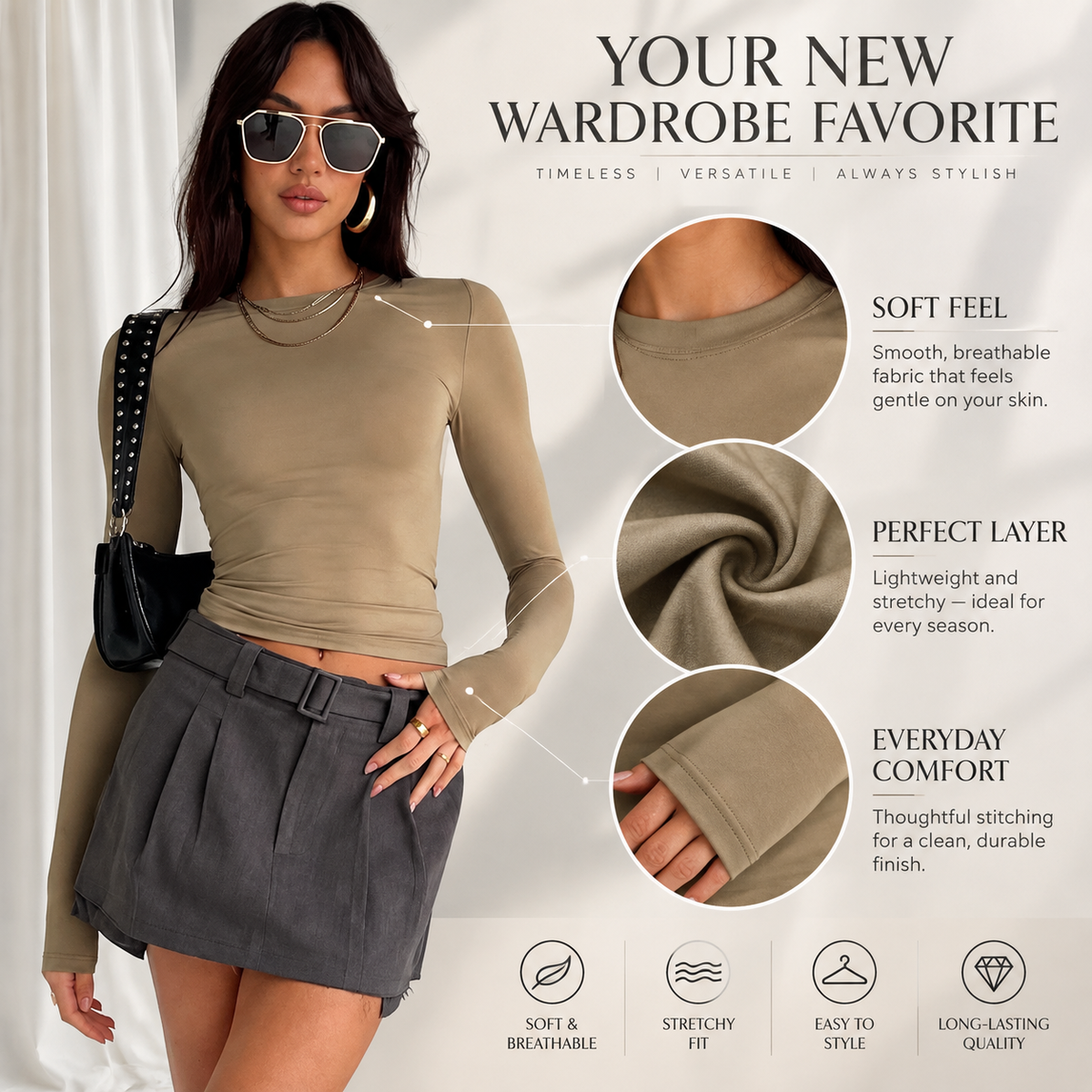 Women's Slim Fit Long Sleeve Top | Casual Stretch Basic Shirt | Minimalist Streetwear Layering Tee | Everyday Fitted Pullover