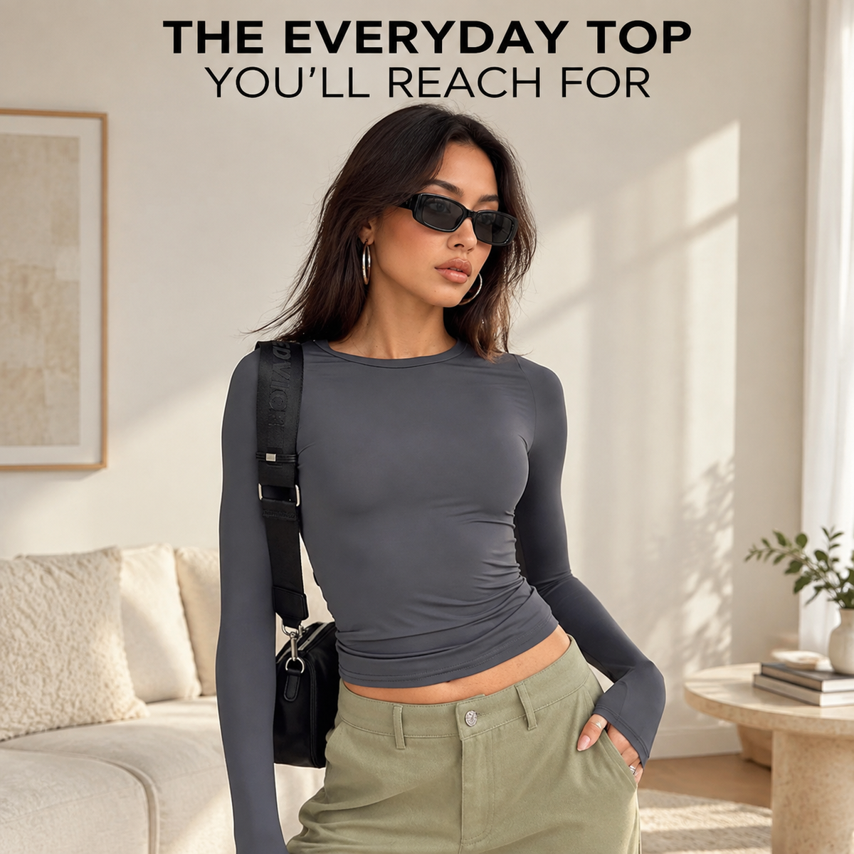 Women's Slim Fit Long Sleeve Top | Casual Stretch Basic Shirt | Minimalist Streetwear Layering Tee | Everyday Fitted Pullover