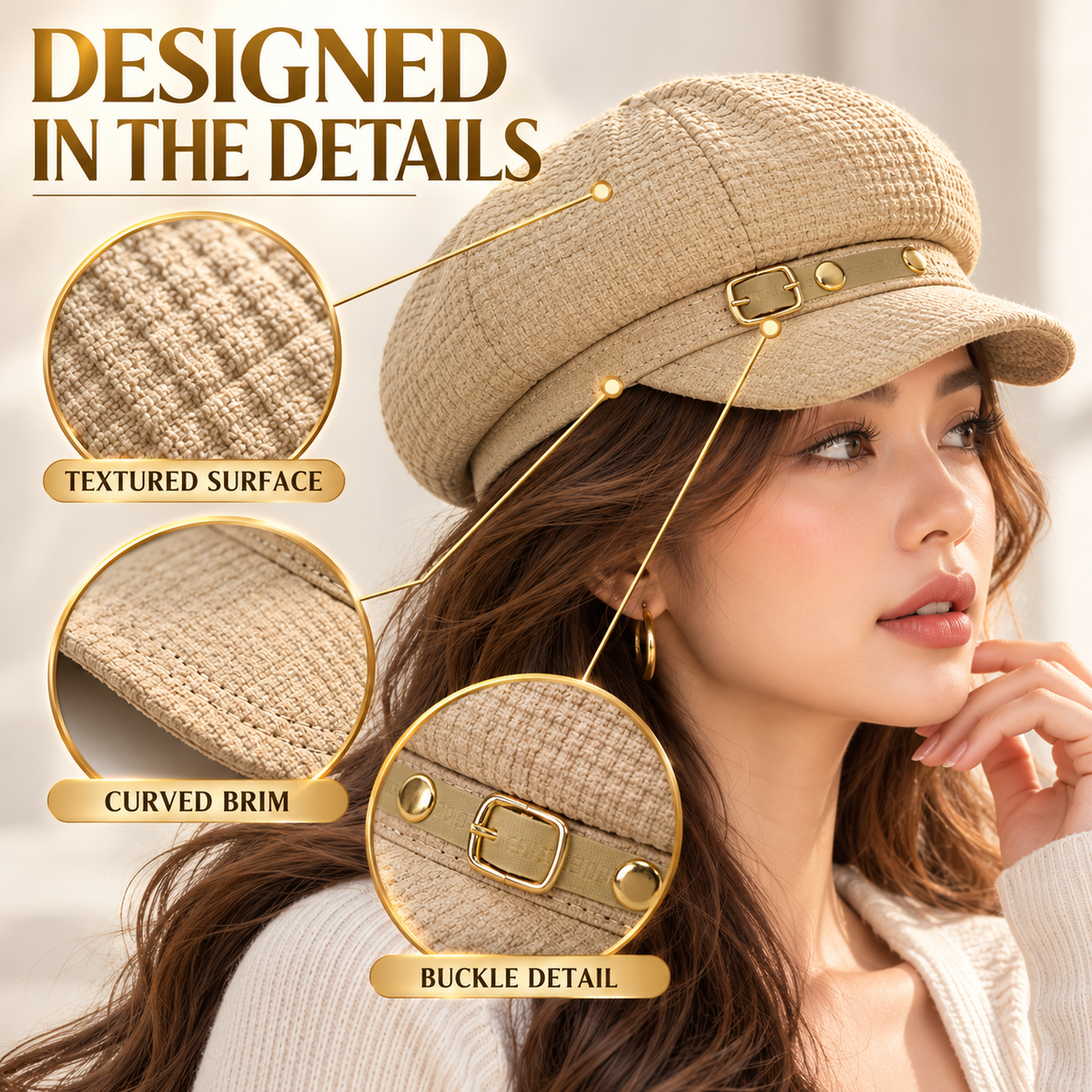 Women Baker Boy Cap, Waffle Texture Newsboy Hat with Brim, Vintage Octagonal Beret, Ladies Casual Painter Hat