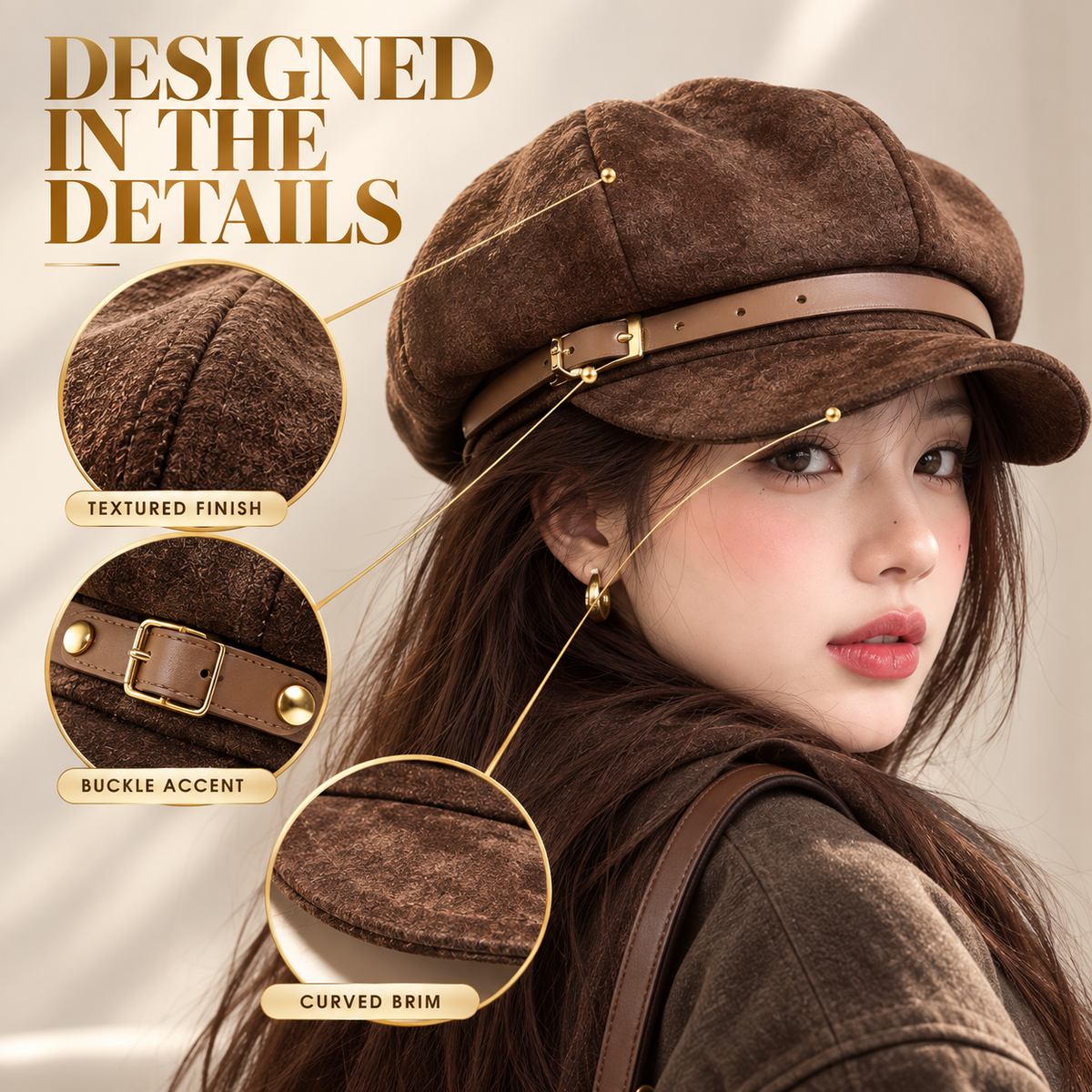 Baker Boy Cap for Women,Vintage Octagonal Beret with Brim, Korean Style Painter Hat