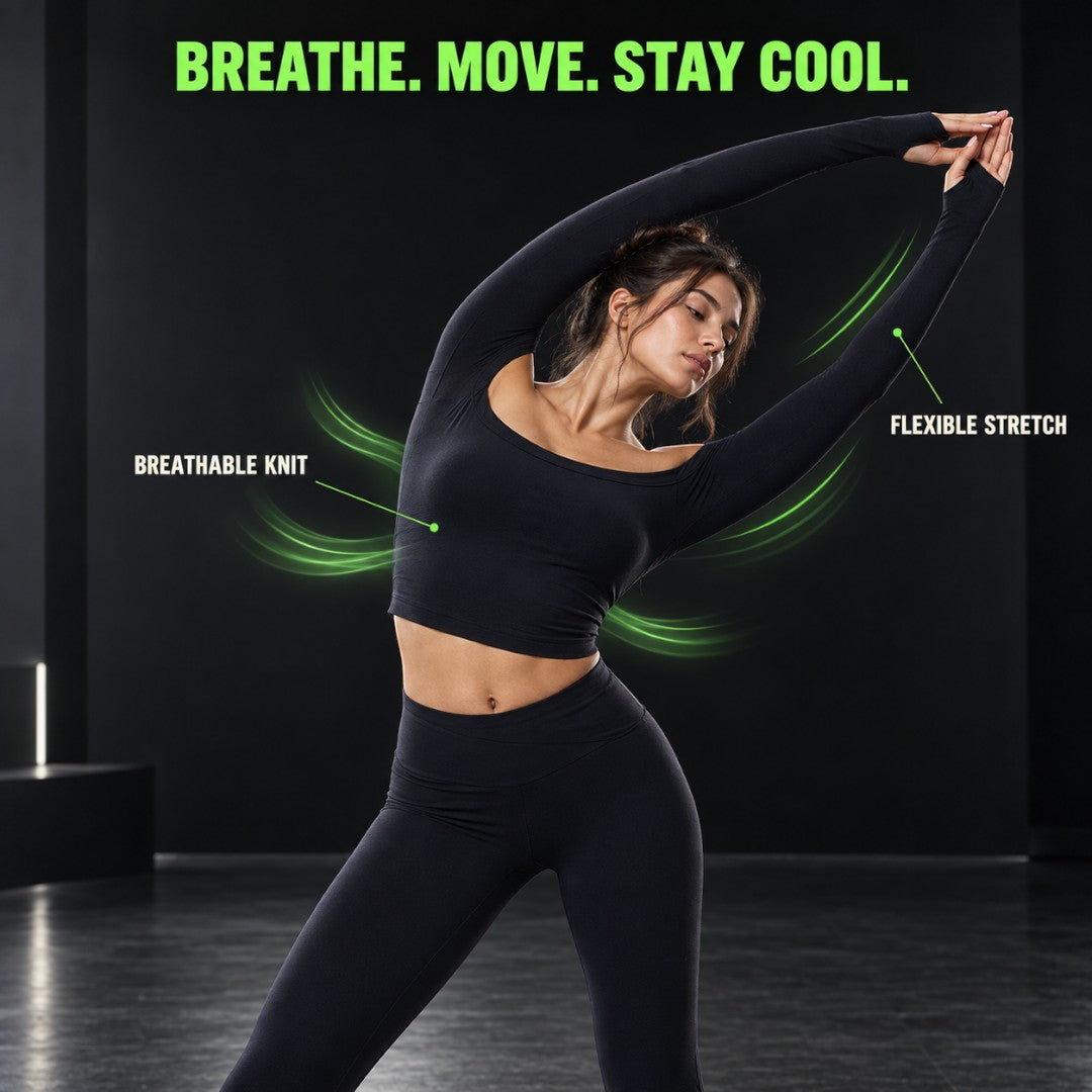Women’s Long Sleeve Yoga Crop Top | Breathable Quick Dry Workout Shirt | Off Shoulder Gym Training Apparel | Soft Stretch Performance Wear