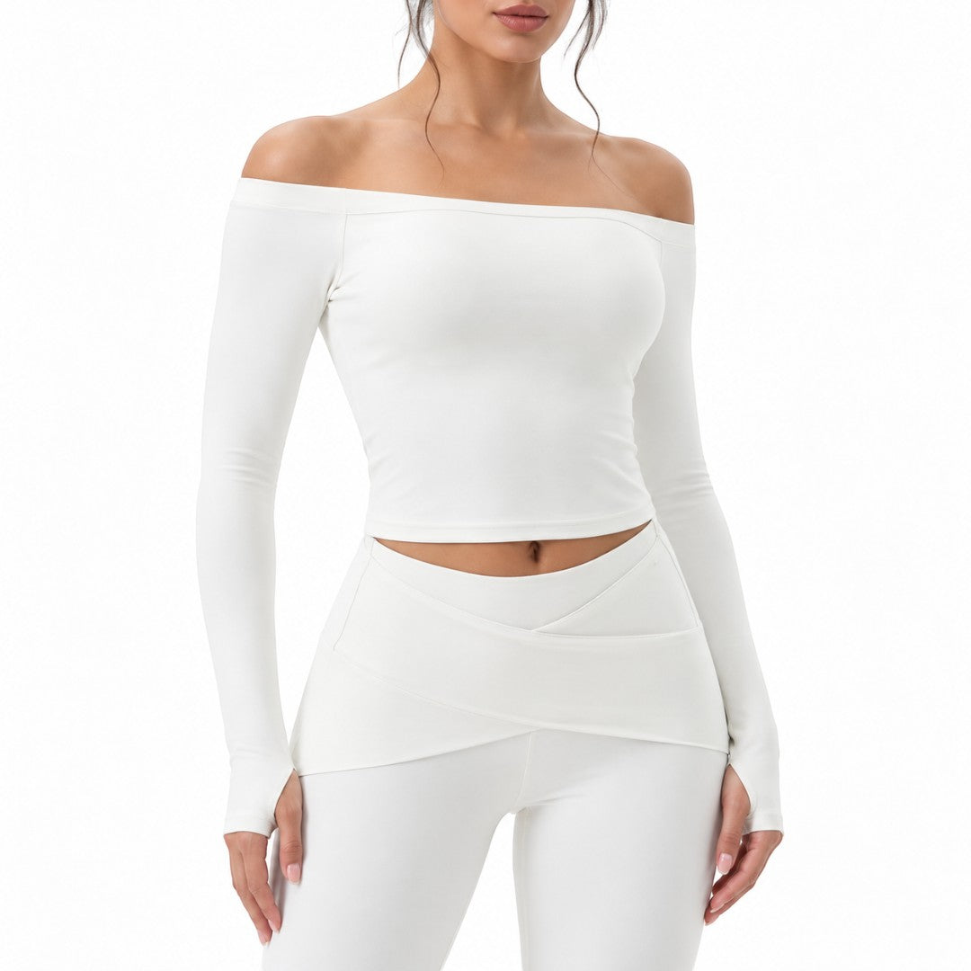Women’s Long Sleeve Yoga Crop Top | Breathable Quick Dry Workout Shirt | Off Shoulder Gym Training Apparel | Soft Stretch Performance Wear