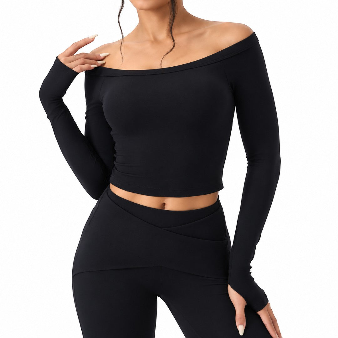 Women’s Long Sleeve Yoga Crop Top | Breathable Quick Dry Workout Shirt | Off Shoulder Gym Training Apparel | Soft Stretch Performance Wear