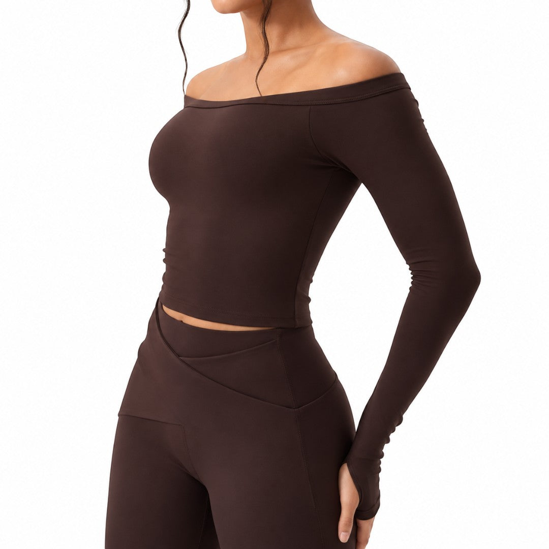 Women’s Long Sleeve Yoga Crop Top | Breathable Quick Dry Workout Shirt | Off Shoulder Gym Training Apparel | Soft Stretch Performance Wear