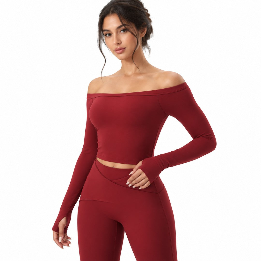 Women’s Long Sleeve Yoga Crop Top | Breathable Quick Dry Workout Shirt | Off Shoulder Gym Training Apparel | Soft Stretch Performance Wear