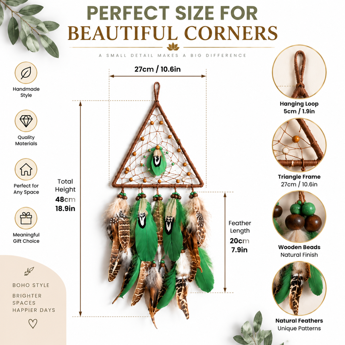Boho Triangle Dream Catcher Wall Hanging | Feather Woven Tapestry Decor | Handmade Style Bedroom Living Room Home Accent