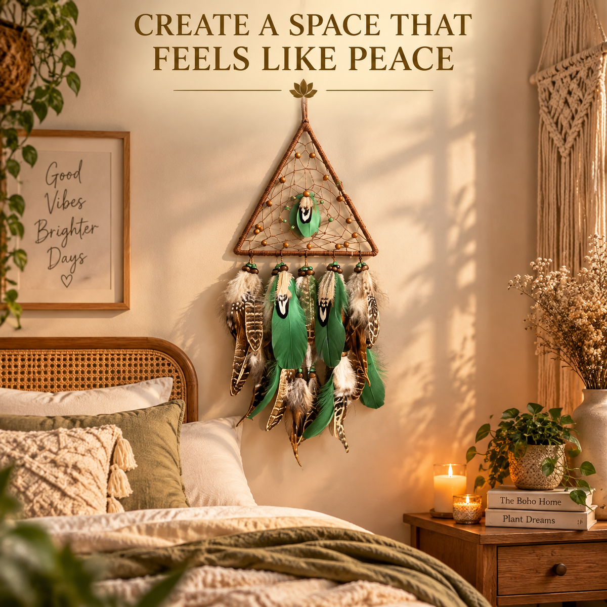 Boho Triangle Dream Catcher Wall Hanging | Feather Woven Tapestry Decor | Handmade Style Bedroom Living Room Home Accent