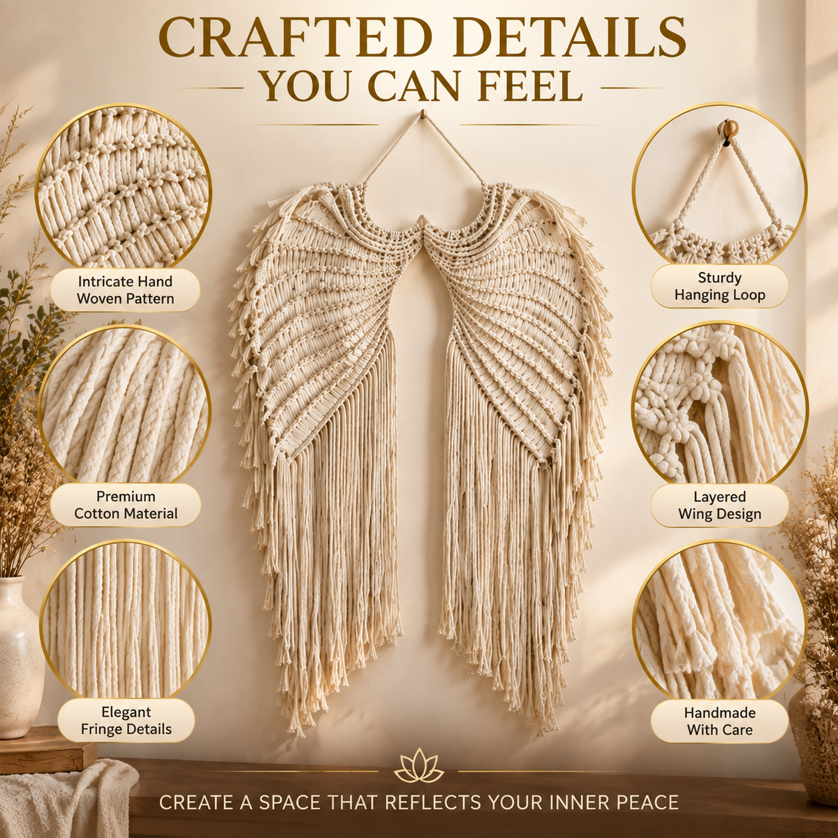 Angel Wing Macrame Wall Hanging | Hand Woven Boho Wall Decor | Cotton Rope Tapestry Art | Bedroom Living Room Home Accent