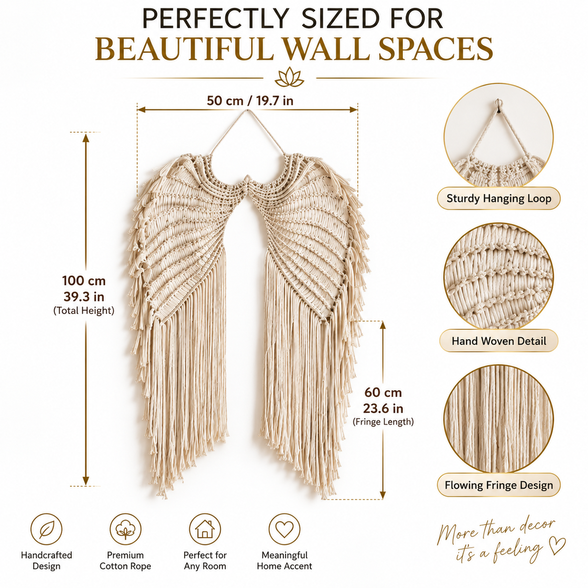 Angel Wing Macrame Wall Hanging | Hand Woven Boho Wall Decor | Cotton Rope Tapestry Art | Bedroom Living Room Home Accent