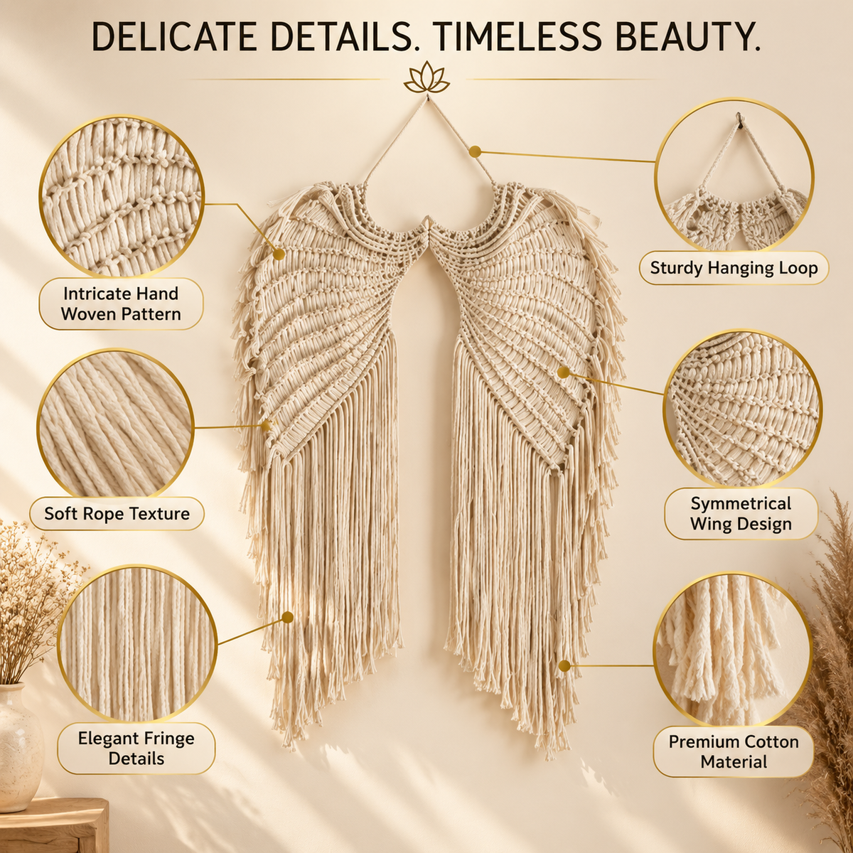Angel Wing Macrame Wall Hanging | Hand Woven Boho Wall Decor | Cotton Rope Tapestry Art | Bedroom Living Room Home Accent
