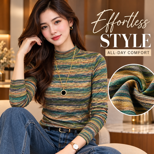 Mock Neck Long Sleeve Top Striped Turtleneck Slim Fit Casual Fall Winter Knit Pullover Shirt Soft Stretchy