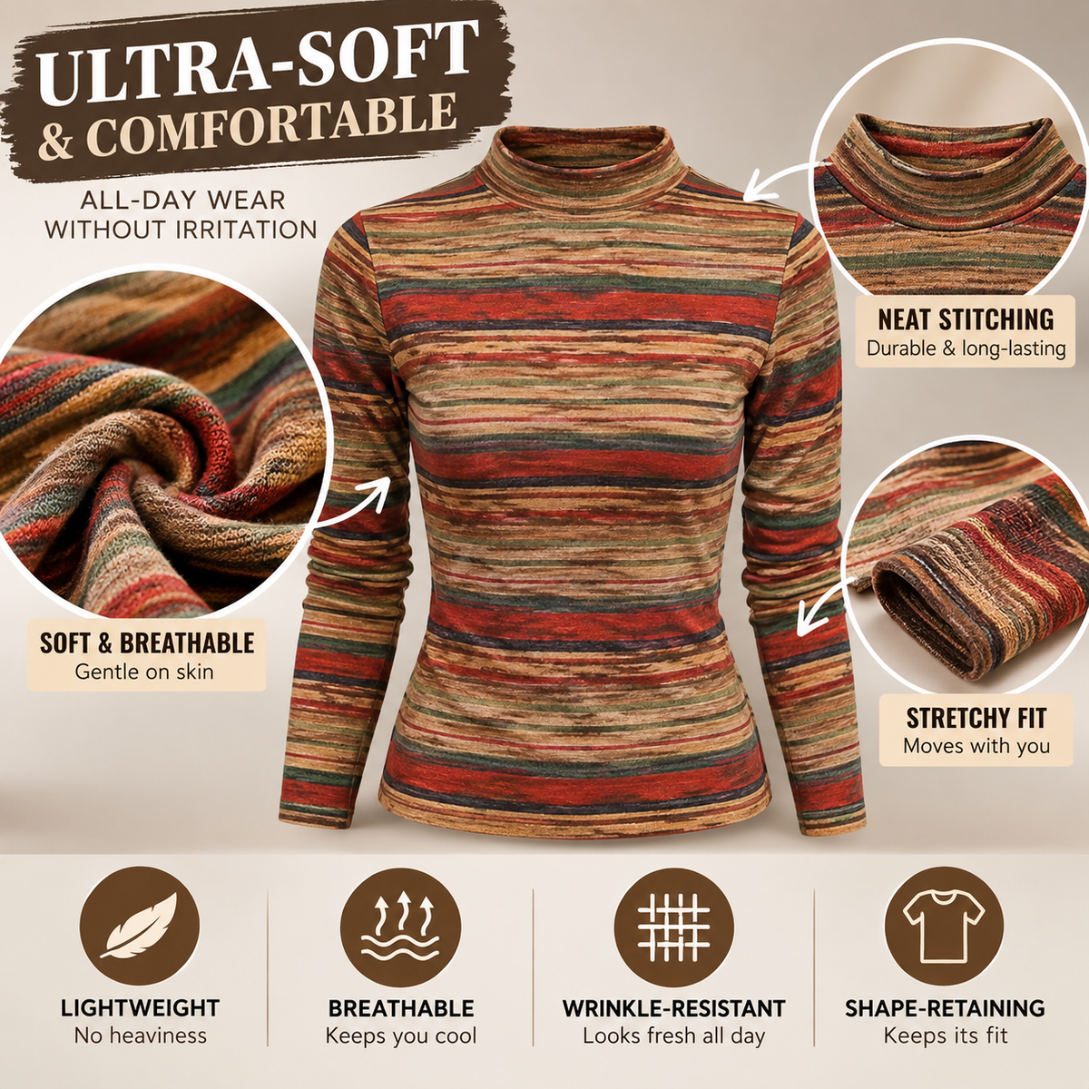 Mock Neck Long Sleeve Top Striped Turtleneck Slim Fit Casual Fall Winter Knit Pullover Shirt Soft Stretchy