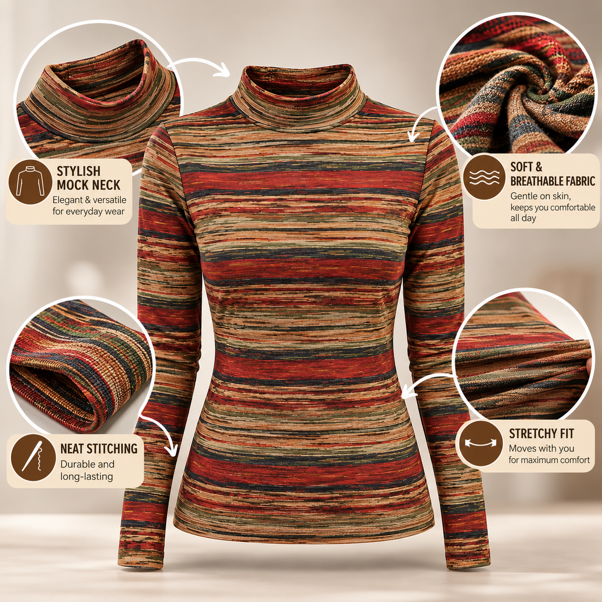 Mock Neck Long Sleeve Top Striped Turtleneck Slim Fit Casual Fall Winter Knit Pullover Shirt Soft Stretchy