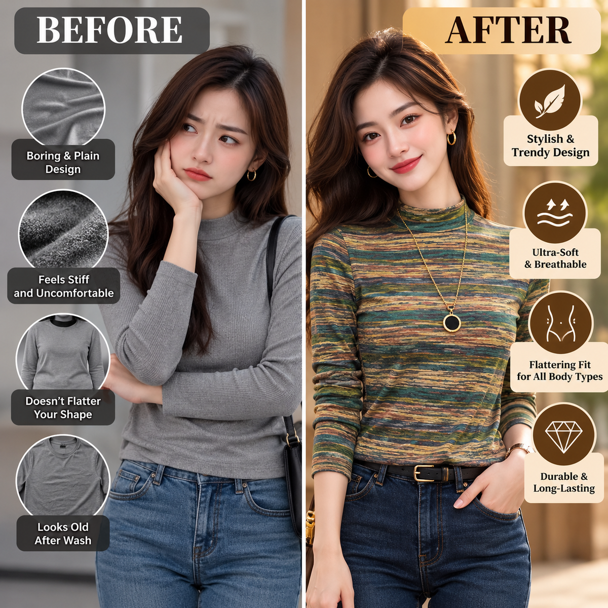 Mock Neck Long Sleeve Top Striped Turtleneck Slim Fit Casual Fall Winter Knit Pullover Shirt Soft Stretchy