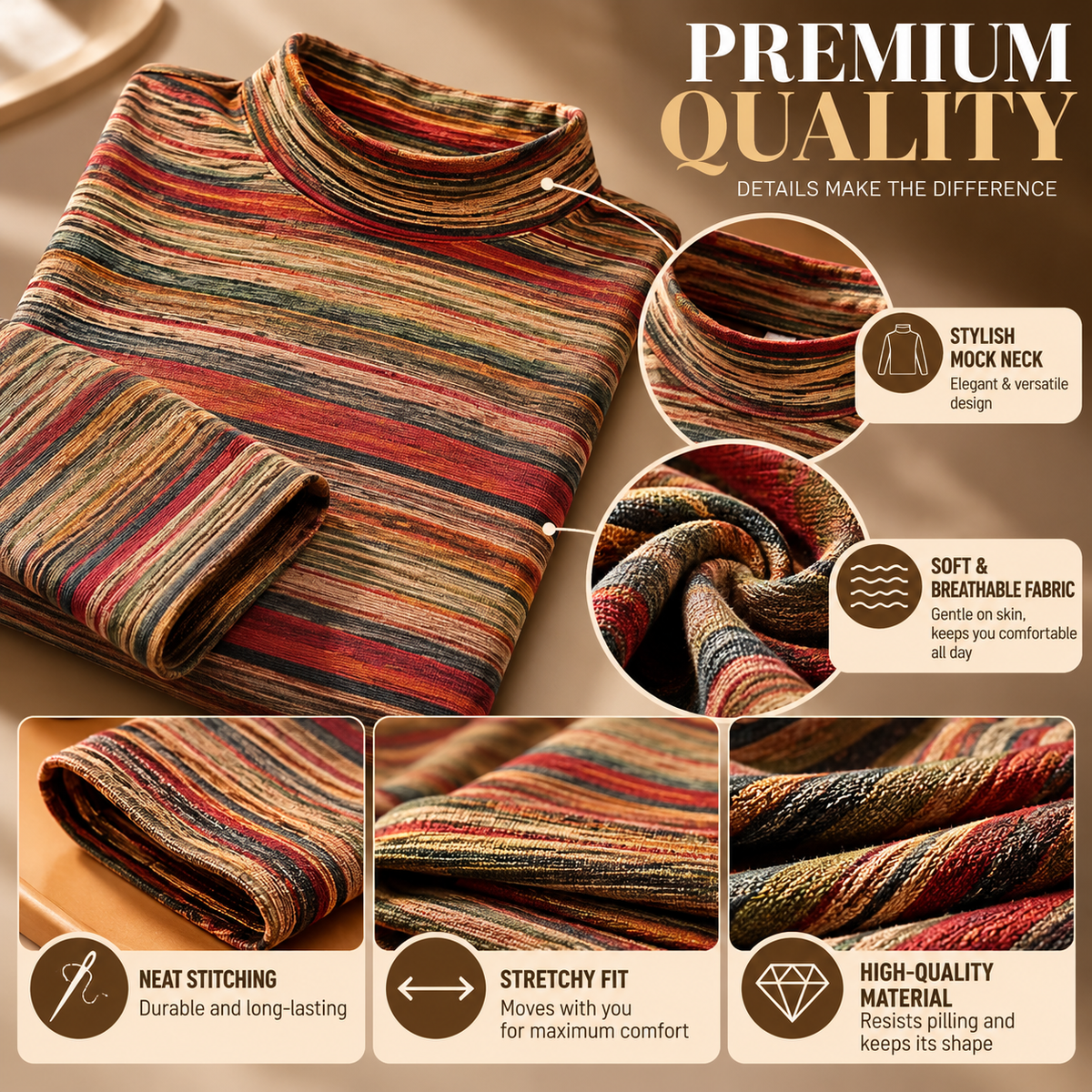 Mock Neck Long Sleeve Top Striped Turtleneck Slim Fit Casual Fall Winter Knit Pullover Shirt Soft Stretchy