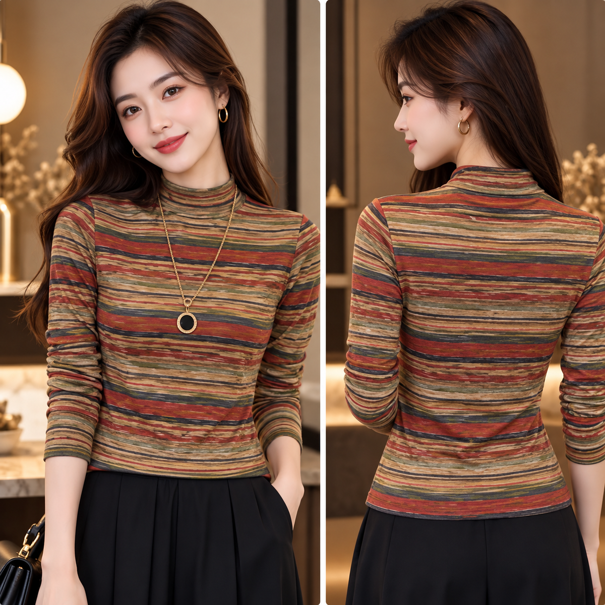 Mock Neck Long Sleeve Top Striped Turtleneck Slim Fit Casual Fall Winter Knit Pullover Shirt Soft Stretchy