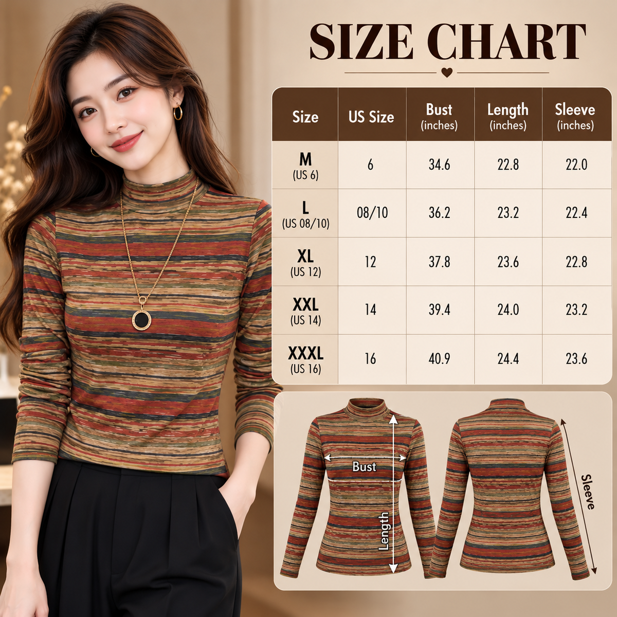 Mock Neck Long Sleeve Top Striped Turtleneck Slim Fit Casual Fall Winter Knit Pullover Shirt Soft Stretchy