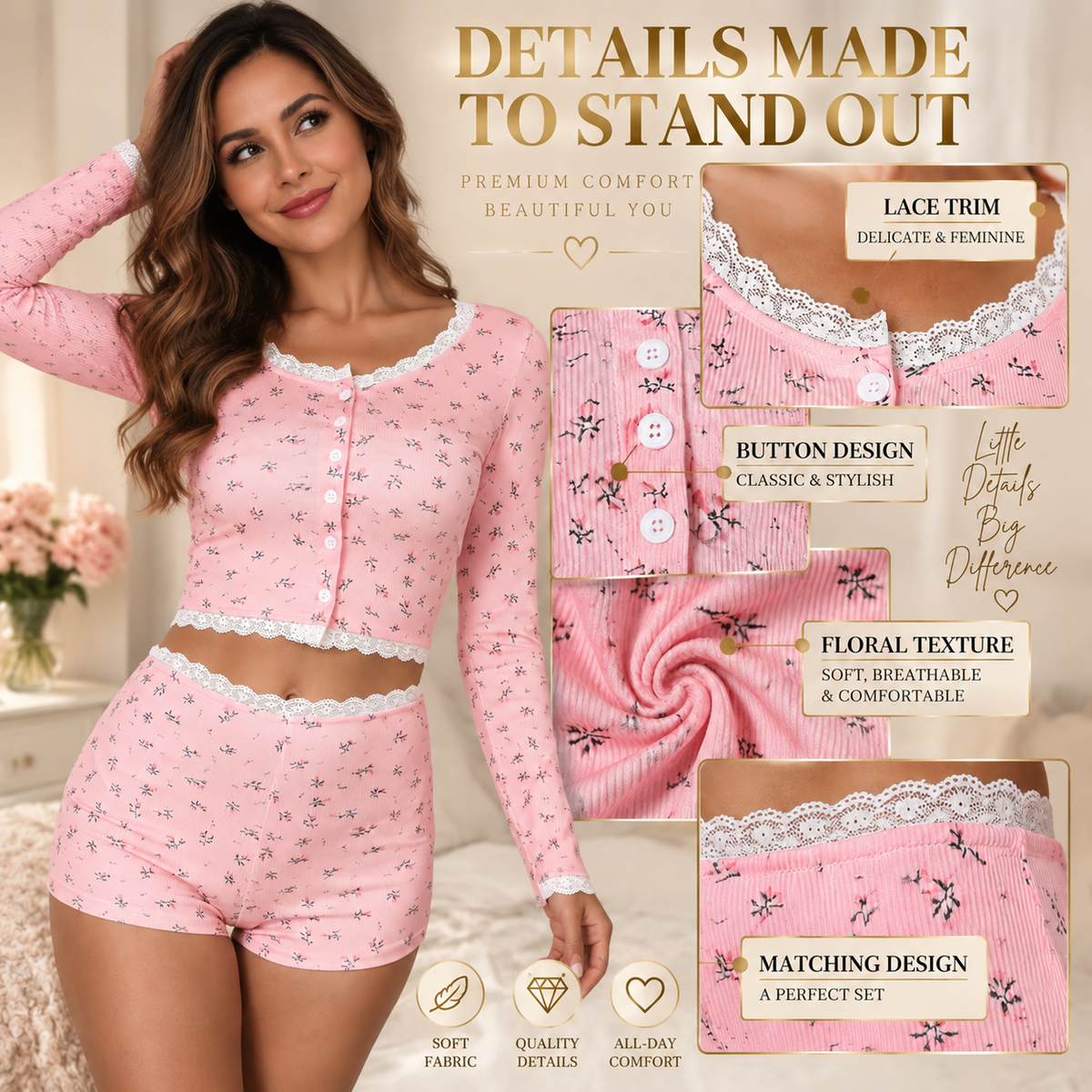 Floral Lace Trim Lounge Set | Women Two Piece Pajama Outfit | Long Sleeve Crop Top Shorts | Feminine Cozy Sleepwear