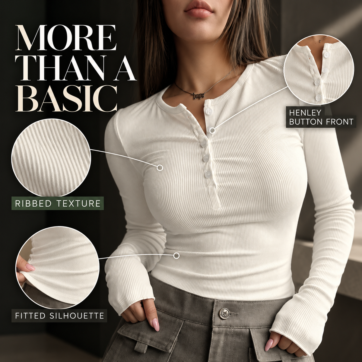 Women's Ribbed Long Sleeve Henley Top, Fitted White Button Front Shirt, Minimalist Casual Top, Soft Stretch Everyday Basic