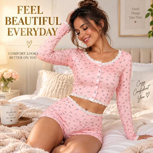 Floral Lace Trim Lounge Set | Women Two Piece Pajama Outfit | Long Sleeve Crop Top Shorts | Feminine Cozy Sleepwear