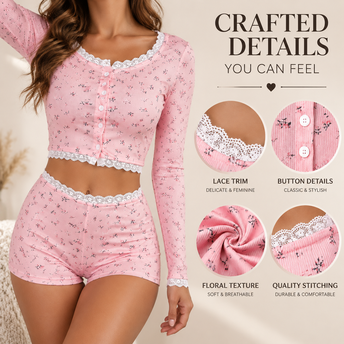 Floral Lace Trim Lounge Set | Women Two Piece Pajama Outfit | Long Sleeve Crop Top Shorts | Feminine Cozy Sleepwear