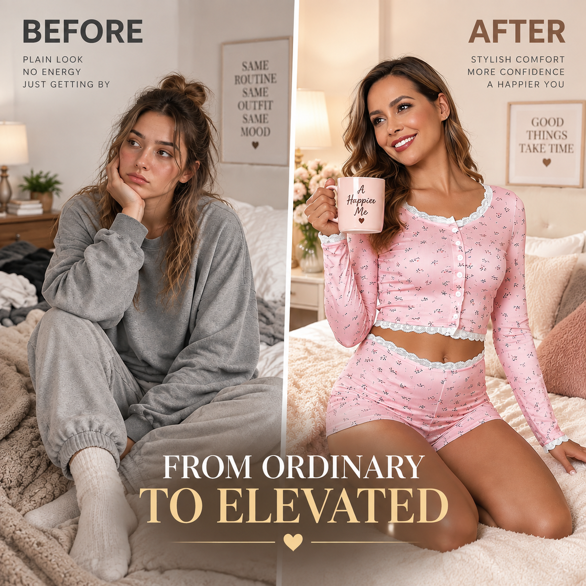 Floral Lace Trim Lounge Set | Women Two Piece Pajama Outfit | Long Sleeve Crop Top Shorts | Feminine Cozy Sleepwear
