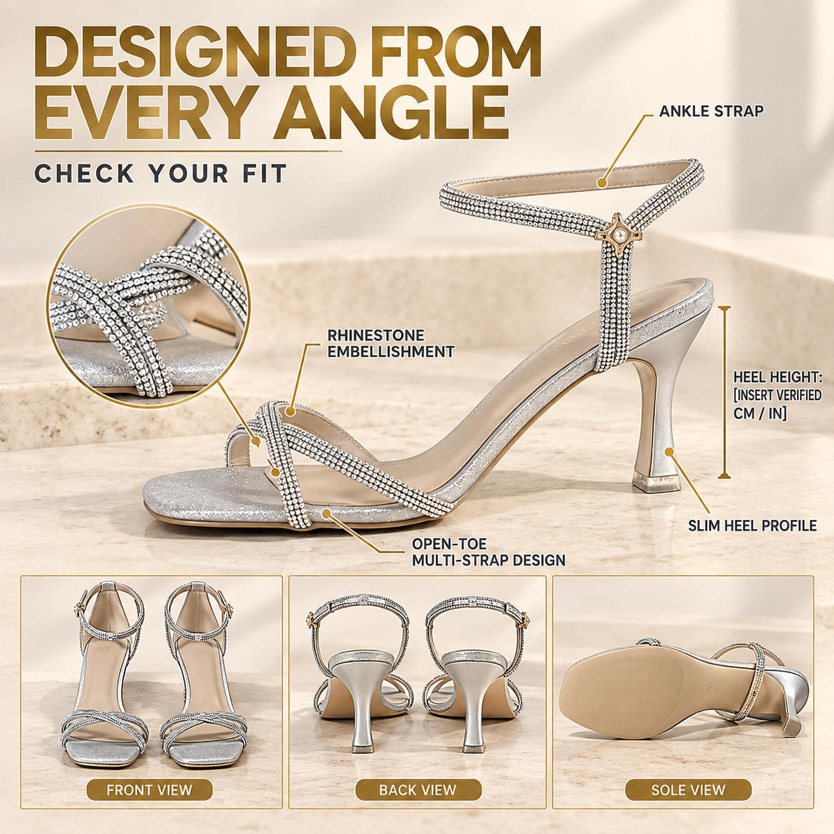 Silver Rhinestone Heeled Sandals, Crystal Strappy Ankle Strap Heels, Sparkly Wedding Party Evening Shoes for Women