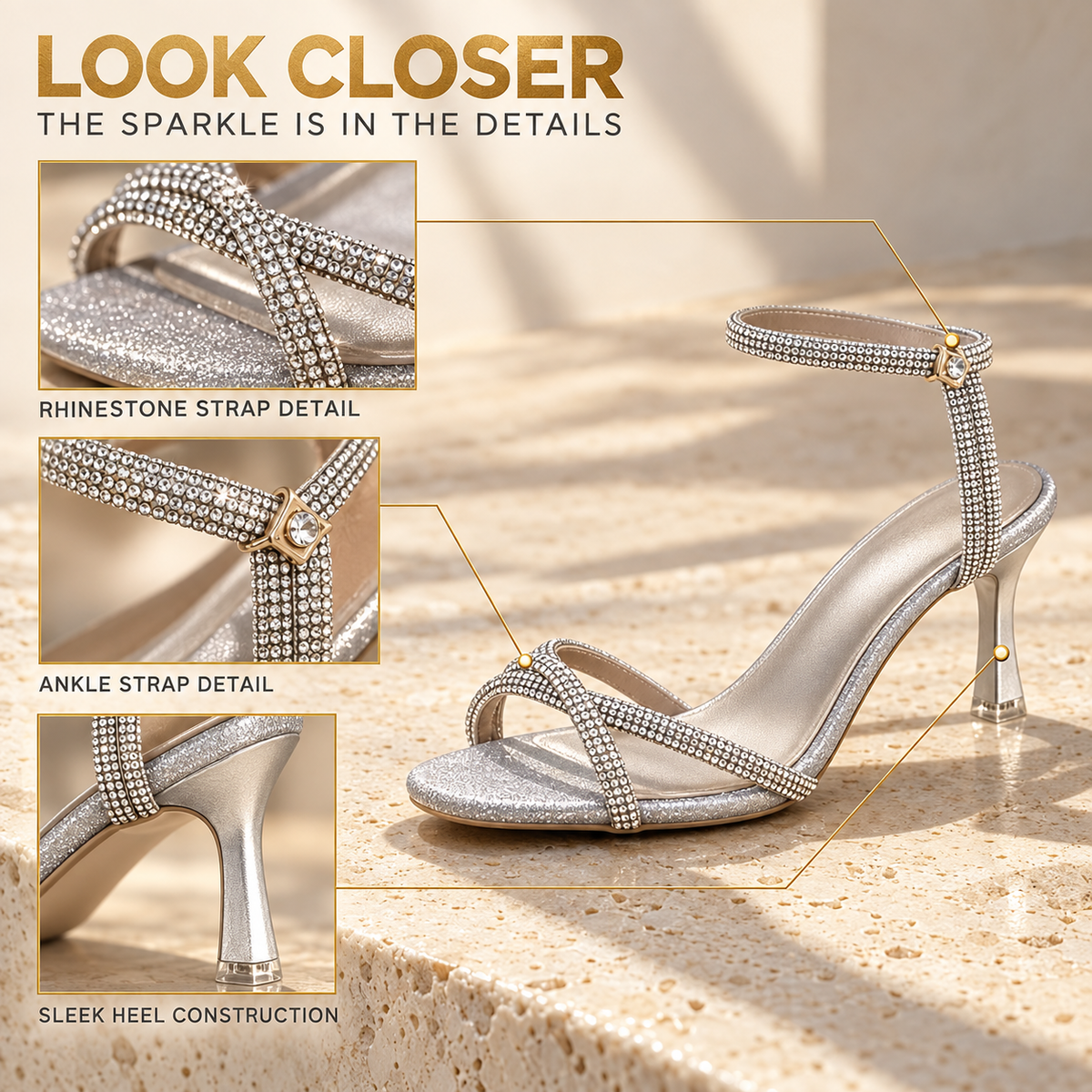 Silver Rhinestone Heeled Sandals, Crystal Strappy Ankle Strap Heels, Sparkly Wedding Party Evening Shoes for Women