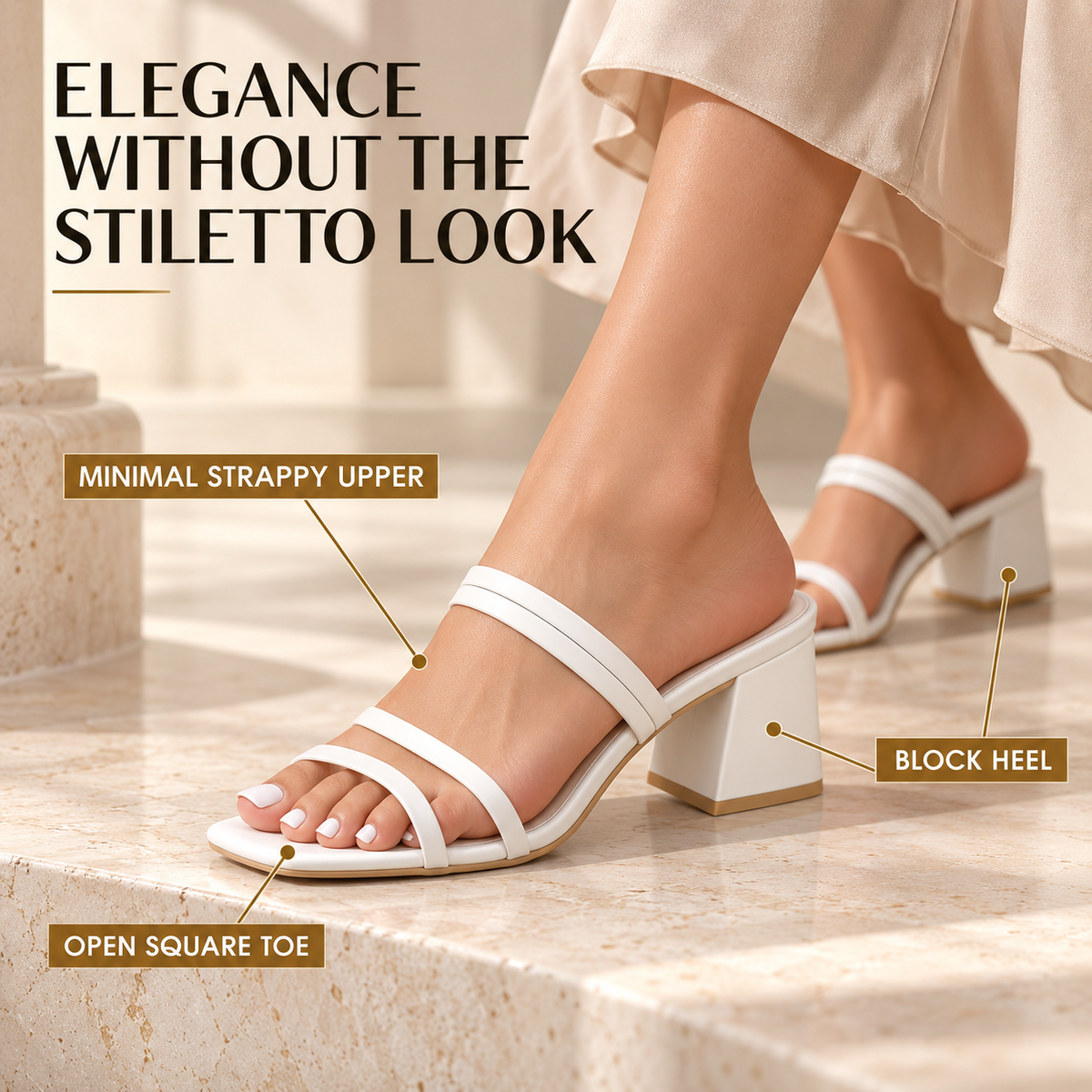 White Strappy Block Heel Sandals, Square Toe Open Toe Heels, Elegant Wedding Party Summer Dress Shoes