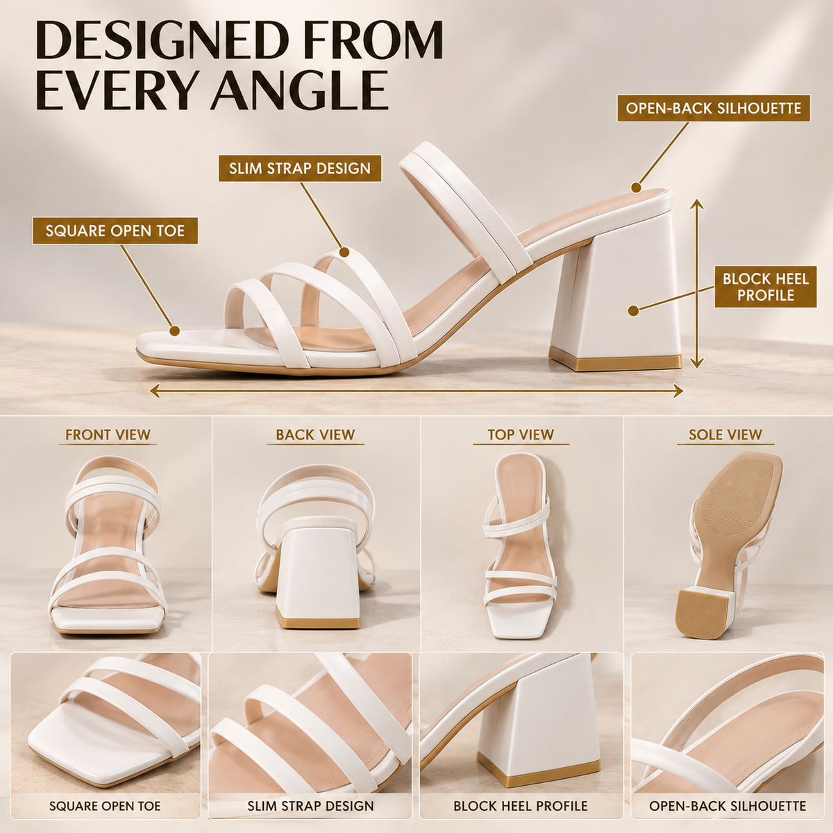 White Strappy Block Heel Sandals, Square Toe Open Toe Heels, Elegant Wedding Party Summer Dress Shoes