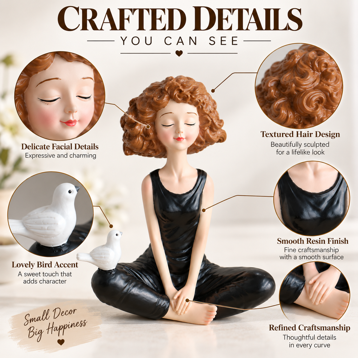 Seated Woman Figurine Resin Sculpture Music Decor Shelf Desk Tabletop Artistic Home Accent Gift