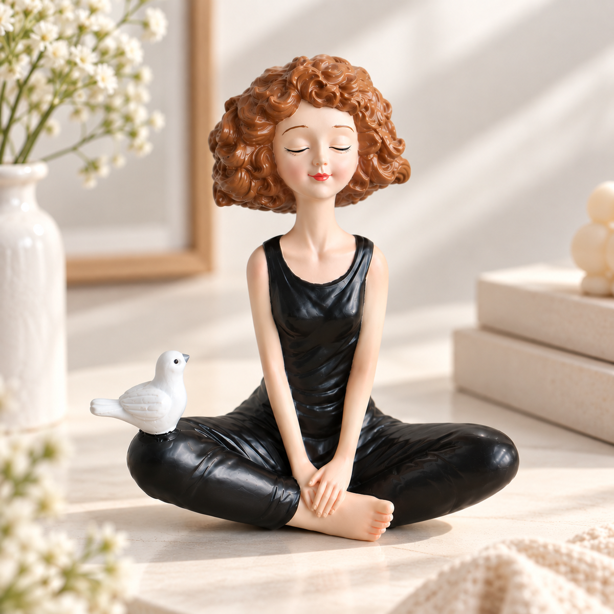 Seated Woman Figurine Resin Sculpture Music Decor Shelf Desk Tabletop Artistic Home Accent Gift