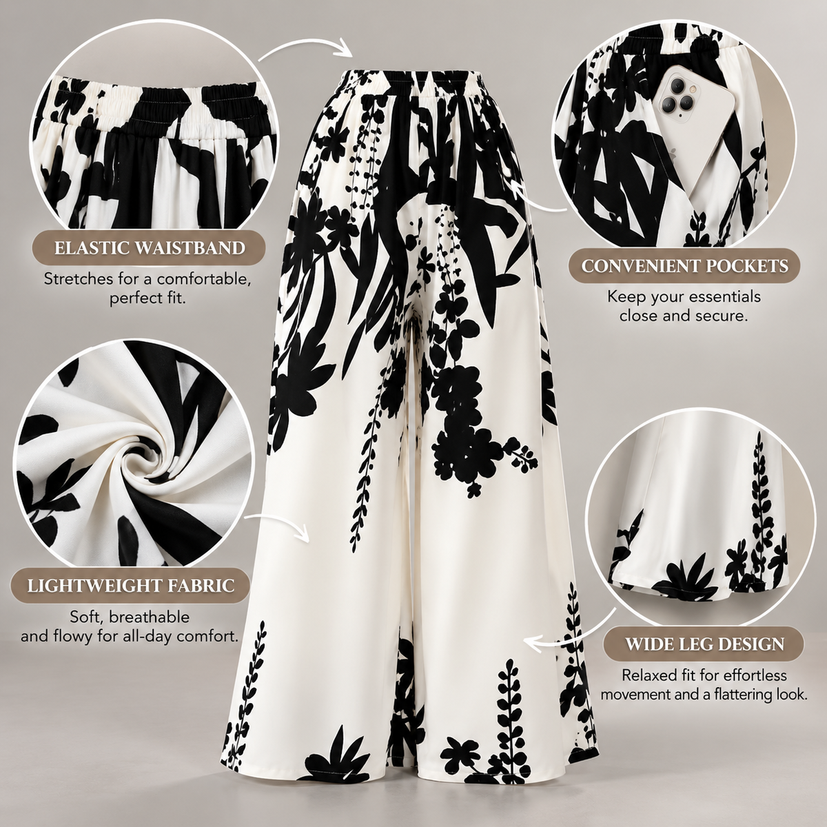 Women’s High Waist Wide Leg Pants Floral Palazzo Trousers Flowy Summer Lounge Casual Beach Outfit with Pockets